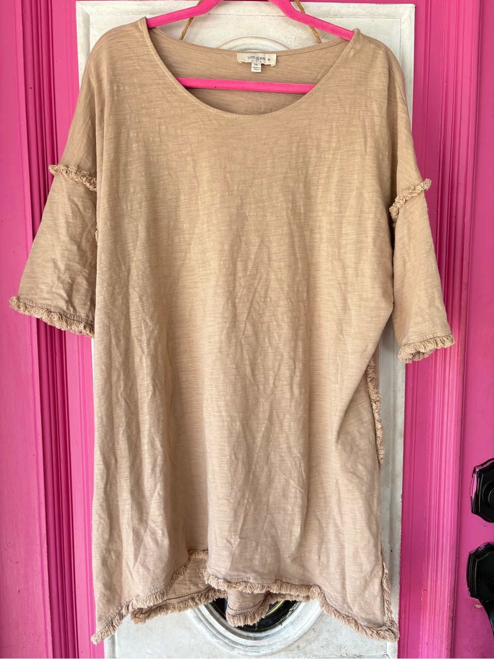 Umgee Beige Fringe Short Sleeve Tunic